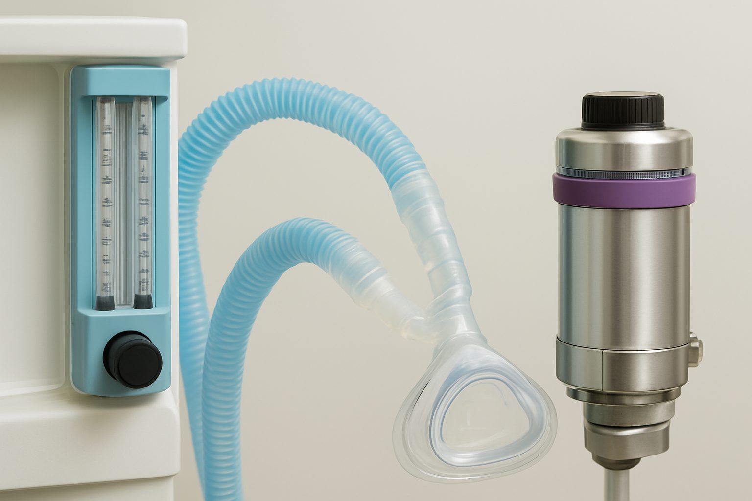 Close-up of anesthesiology equipment including flow meters and breathing apparatus