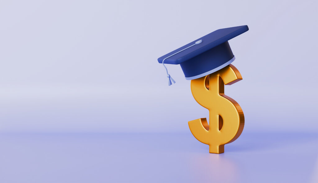 gold dollar sign with a graduation cap on top against a pastel background