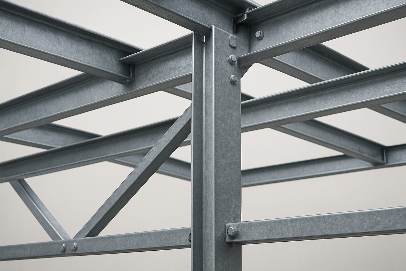 Close-up of a metal framework, showing structural supports and connections.