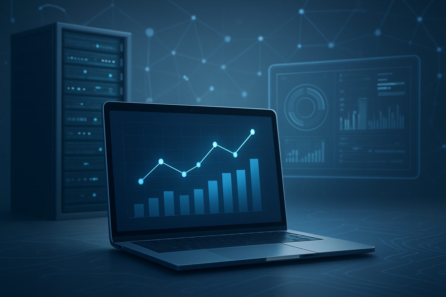 Laptop displaying a data graph in a server room environment